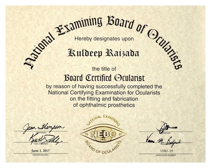  Dr Kuldeep Raizada, PhD, BCO, BADO, FAAO, International Prosthetic Eye Center Certificates