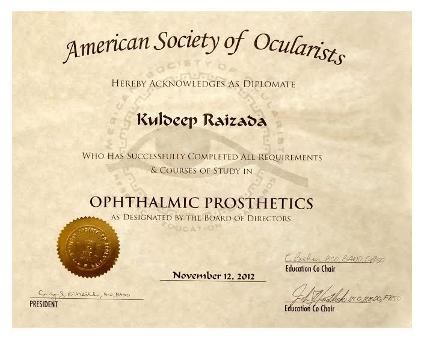 Kuldeep Raizada, Ph D BCO, Diplomate Ocularist, USA