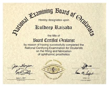 Kuldeep Raizada, BCO, Board Certified ocularist